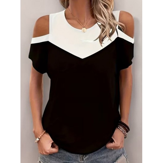 Kadın Kısa Kollu Yuvarlak Yaka çift Renkli Viskon Bluz, 31030