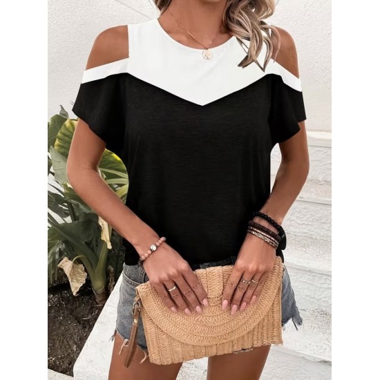 Kadın Kısa Kollu Yuvarlak Yaka çift Renkli Viskon Bluz, 31030