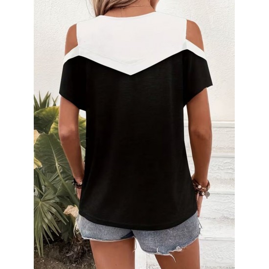 Kadın Kısa Kollu Yuvarlak Yaka çift Renkli Viskon Bluz, 31030