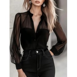 Kadın Uzun Kollu Hakim Yakalı önden Düğmeli Tül Detaylı Trikoton Gömlek , 31029