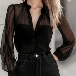 Kadın Uzun Kollu Hakim Yakalı önden Düğmeli Tül Detaylı Trikoton Gömlek , 31029