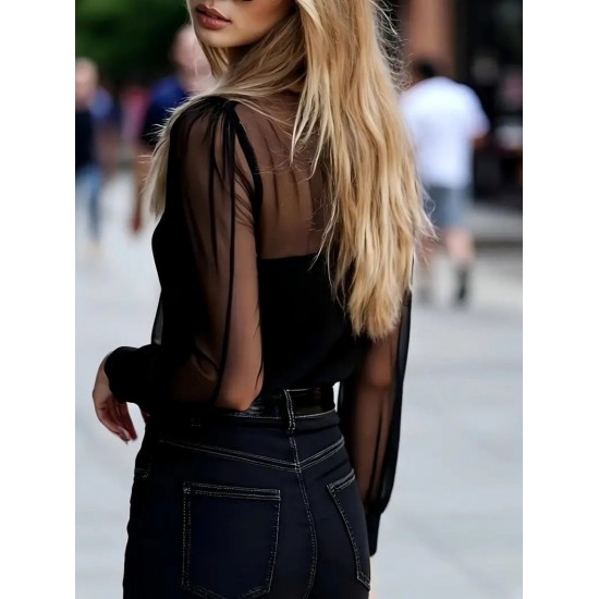 Kadın Uzun Kollu Hakim Yakalı önden Düğmeli Tül Detaylı Trikoton Gömlek , 31029