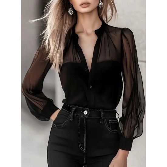 Kadın Uzun Kollu Hakim Yakalı önden Düğmeli Tül Detaylı Trikoton Gömlek , 31029