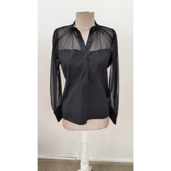 Kadın Uzun Kollu Hakim Yakalı önden Düğmeli Tül Detaylı Trikoton Gömlek , 31029