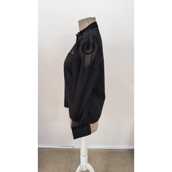 Kadın Uzun Kollu Hakim Yakalı önden Düğmeli Tül Detaylı Trikoton Gömlek , 31029