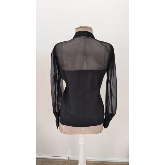 Kadın Uzun Kollu Hakim Yakalı önden Düğmeli Tül Detaylı Trikoton Gömlek , 31029