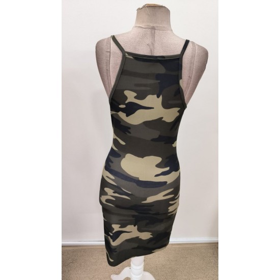 Kadın Omuzlardan Açık Askılı Kamuflaj Desenli Kısa Süprem Elbise , 31028