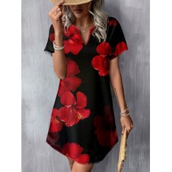 Kadın Kısa Yarasa Kollu V Yakalı çiçek Desenli Süprem Kısa Elbise , 31025