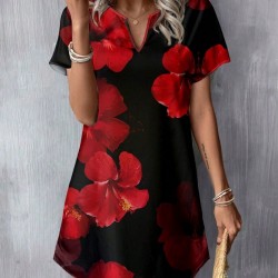 Kadın Kısa Yarasa Kollu V Yakalı çiçek Desenli Süprem Kısa Elbise , 31025