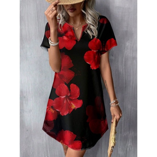 Kadın Kısa Yarasa Kollu V Yakalı çiçek Desenli Süprem Kısa Elbise , 31025