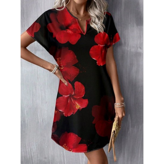 Kadın Kısa Yarasa Kollu V Yakalı çiçek Desenli Süprem Kısa Elbise , 31025
