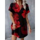 Kadın Kısa Yarasa Kollu V Yakalı çiçek Desenli Süprem Kısa Elbise , 31025