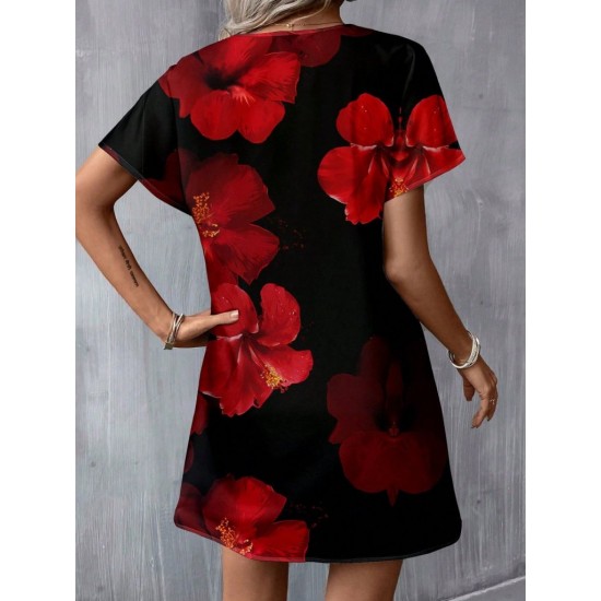 Kadın Kısa Yarasa Kollu V Yakalı çiçek Desenli Süprem Kısa Elbise , 31025