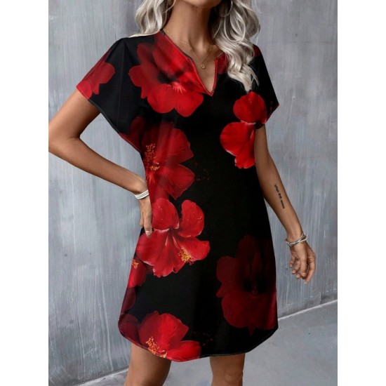 Kadın Kısa Yarasa Kollu V Yakalı çiçek Desenli Süprem Kısa Elbise , 31025