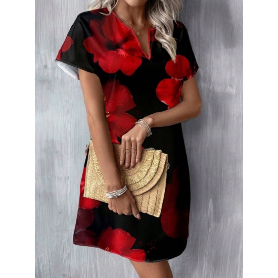 Kadın Kısa Yarasa Kollu V Yakalı çiçek Desenli Süprem Kısa Elbise , 31025