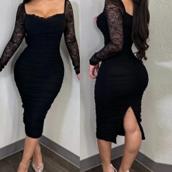 Kadın Uzun Kollu Dantelli Büzgü Detaylı Yırtmaçlı Midi Sandy Elbise , 31024