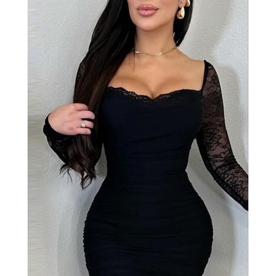 Kadın Uzun Kollu Dantelli Büzgü Detaylı Yırtmaçlı Midi Sandy Elbise , 31024