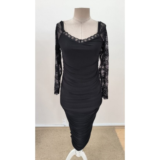 Kadın Uzun Kollu Dantelli Büzgü Detaylı Yırtmaçlı Midi Sandy Elbise , 31024