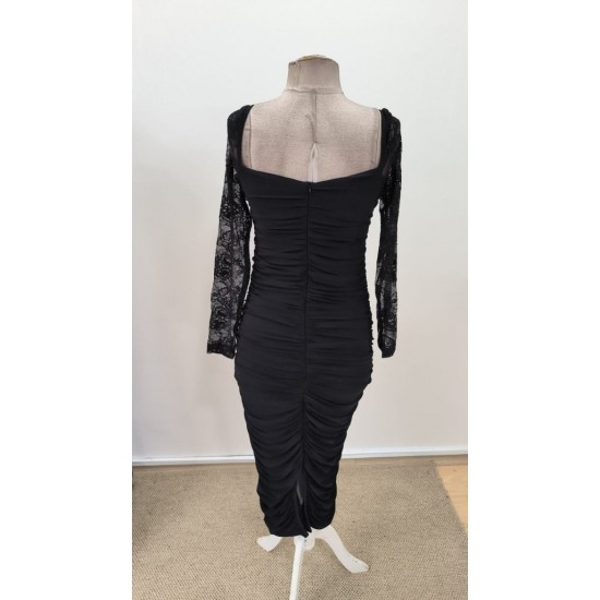 Kadın Uzun Kollu Dantelli Büzgü Detaylı Yırtmaçlı Midi Sandy Elbise , 31024