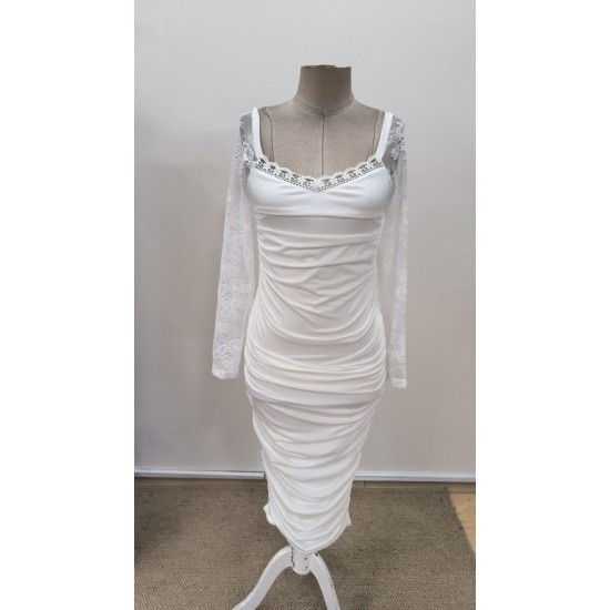 Kadın Uzun Kollu Dantelli Büzgü Detaylı Yırtmaçlı Midi Sandy Elbise , 31023