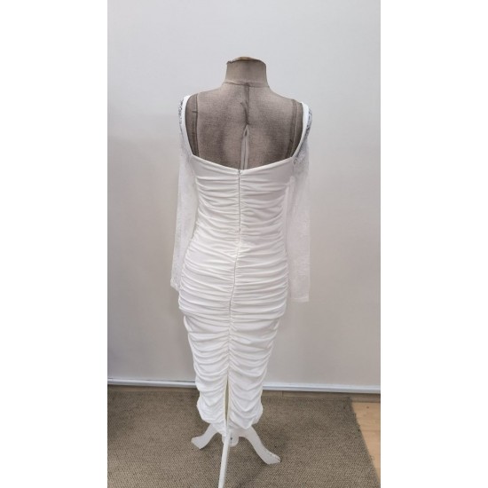 Kadın Uzun Kollu Dantelli Büzgü Detaylı Yırtmaçlı Midi Sandy Elbise , 31023