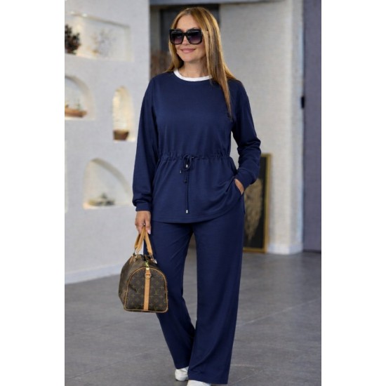 Kadın Uzun Kollu Bisiklet Yaka Belden Büzgülü Bağcıklı Viskon Iki Iplik Bluz Ve Pantolon Ikili Takım , 31022