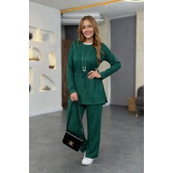Kadın Uzun Kollu Bisiklet Yaka Belden Büzgülü Bağcıklı Viskon Iki Iplik Bluz Ve Pantolon Ikili Takım , 31021