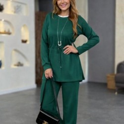 Kadın Uzun Kollu Bisiklet Yaka Belden Büzgülü Bağcıklı Viskon Iki Iplik Bluz Ve Pantolon Ikili Takım , 31021