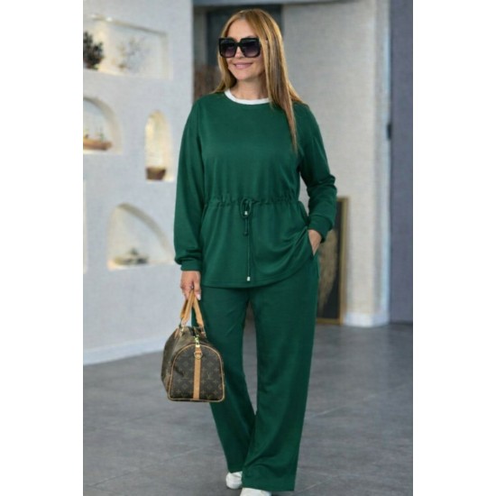 Kadın Uzun Kollu Bisiklet Yaka Belden Büzgülü Bağcıklı Viskon Iki Iplik Bluz Ve Pantolon Ikili Takım , 31021