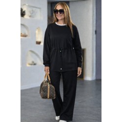 Kadın Uzun Kollu Bisiklet Yaka Belden Büzgülü Bağcıklı Viskon Iki Iplik Bluz Ve Pantolon Ikili Takım , 31020