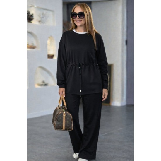 Kadın Uzun Kollu Bisiklet Yaka Belden Büzgülü Bağcıklı Viskon Iki Iplik Bluz Ve Pantolon Ikili Takım , 31020
