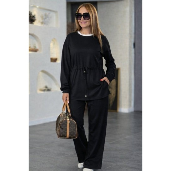 Kadın Uzun Kollu Bisiklet Yaka Belden Büzgülü Bağcıklı Viskon Iki Iplik Bluz Ve Pantolon Ikili Takım , 31020