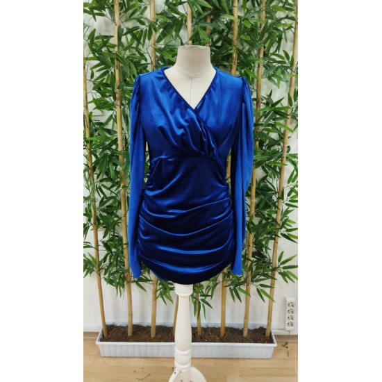 Kadın Uzun Kollu Kruvaze Yaka Yanlardan Büzgülü Kadife Elbise, 31039