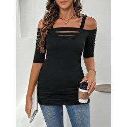 Kadın Omuzlardan Açık Askılı Lazer Kesim Detaylı Viskon Bluz, 31037