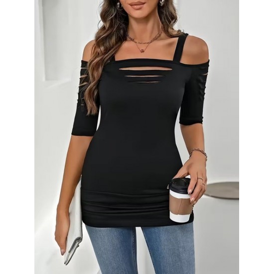 Kadın Omuzlardan Açık Askılı Lazer Kesim Detaylı Viskon Bluz, 31037