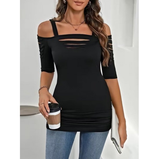 Kadın Omuzlardan Açık Askılı Lazer Kesim Detaylı Viskon Bluz, 31037