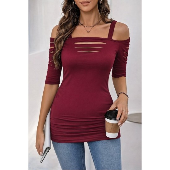 Kadın Omuzlardan Açık Askılı Lazer Kesim Detaylı Viskon Bluz, 31035