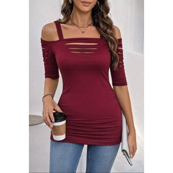 Kadın Omuzlardan Açık Askılı Lazer Kesim Detaylı Viskon Bluz, 31035