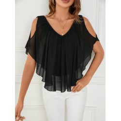 Kadın Kısa Kollu V Yakalı Omuzlardan Açık Salaş şifon Bluz, 31056 Kadın Kısa Kollu V Yakalı Omuzlardan Açık Salaş şifon Bluz, 31056