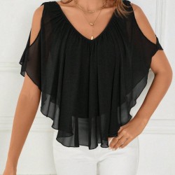 Kadın Kısa Kollu V Yakalı Omuzlardan Açık Salaş şifon Bluz, 31056