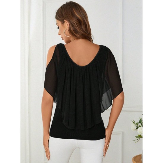 Kadın Kısa Kollu V Yakalı Omuzlardan Açık Salaş şifon Bluz, 31056