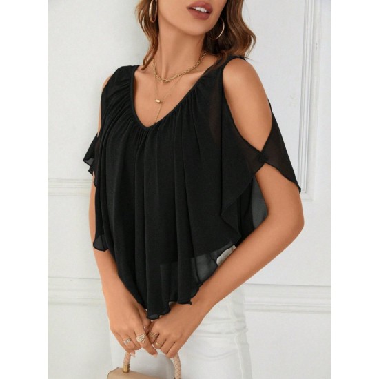 Kadın Kısa Kollu V Yakalı Omuzlardan Açık Salaş şifon Bluz, 31056