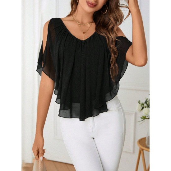 Kadın Kısa Kollu V Yakalı Omuzlardan Açık Salaş şifon Bluz, 31056