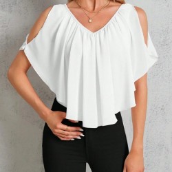Kadın Kısa Kollu V Yakalı Omuzlardan Açık Salaş şifon Bluz, 31055