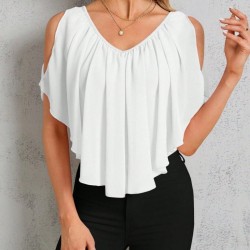 Kadın Kısa Kollu V Yakalı Omuzlardan Açık Salaş şifon Bluz, 31055