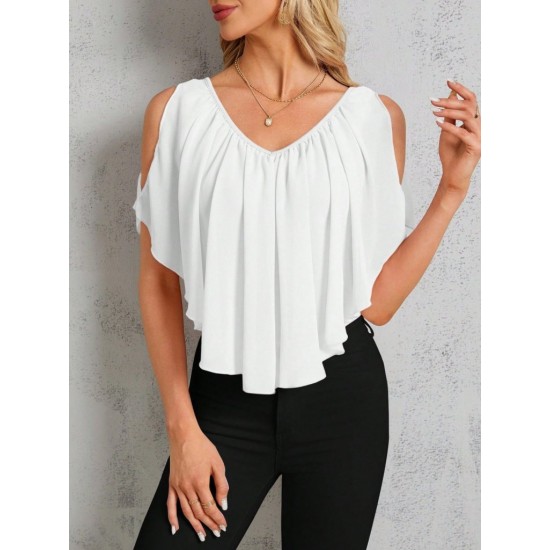 Kadın Kısa Kollu V Yakalı Omuzlardan Açık Salaş şifon Bluz, 31055