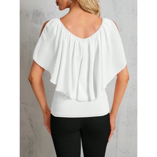 Kadın Kısa Kollu V Yakalı Omuzlardan Açık Salaş şifon Bluz, 31055