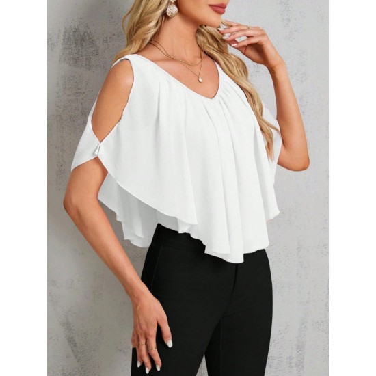 Kadın Kısa Kollu V Yakalı Omuzlardan Açık Salaş şifon Bluz, 31055