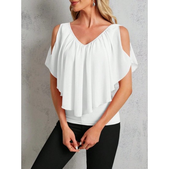 Kadın Kısa Kollu V Yakalı Omuzlardan Açık Salaş şifon Bluz, 31055