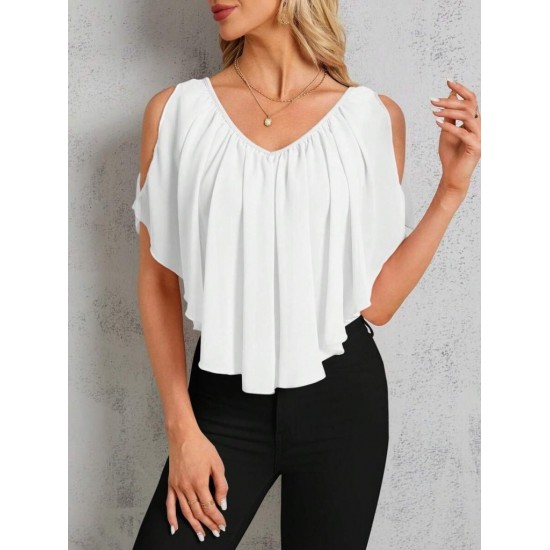 Kadın Kısa Kollu V Yakalı Omuzlardan Açık Salaş şifon Bluz, 31055